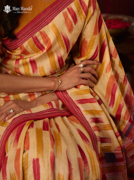 Multi Colour - Maroon Printed Tussar Silk With Kantha Embroidery Saree