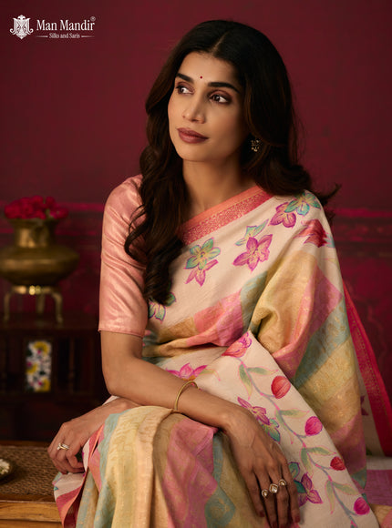 Multi Colour - Cream Banarasi Tussar Hand Painted Silk Saree