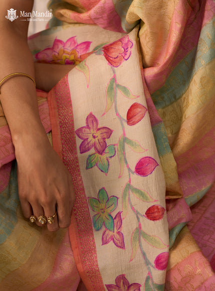 Multi Colour - Cream Banarasi Tussar Hand Painted Silk Saree
