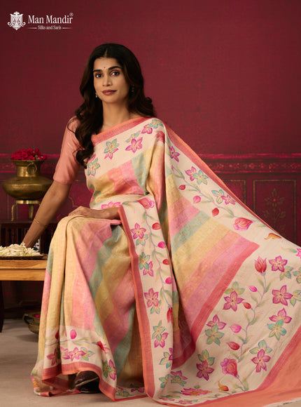 Multi Colour - Cream Banarasi Tussar Hand Painted Silk Saree