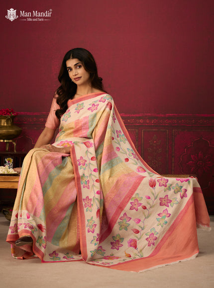 Multi Colour - Cream Banarasi Tussar Hand Painted Silk Saree
