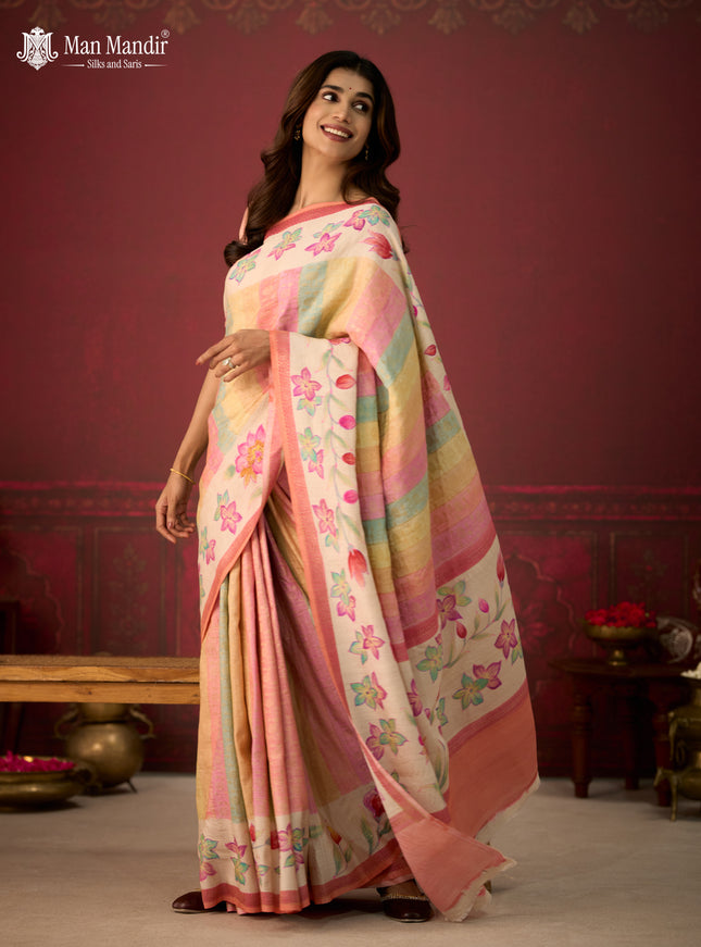 Multi Colour - Cream Banarasi Tussar Hand Painted Silk Saree