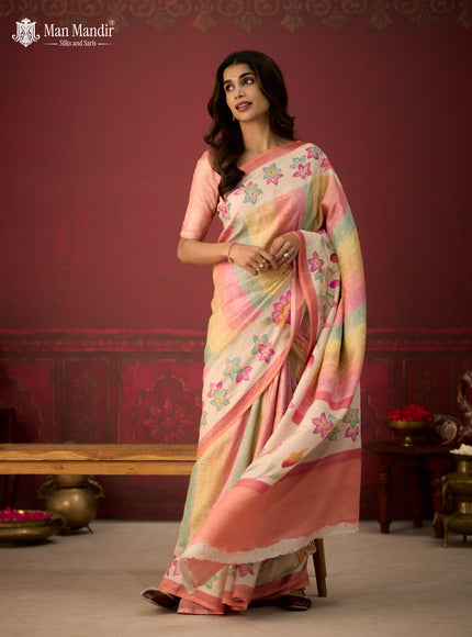 Multi Colour - Cream Banarasi Tussar Hand Painted Silk Saree