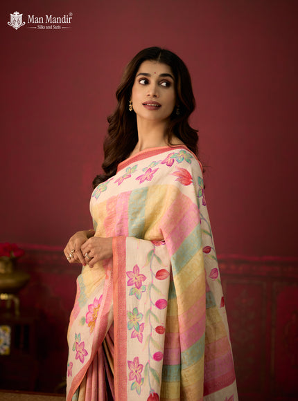 Multi Colour - Cream Banarasi Tussar Hand Painted Silk Saree