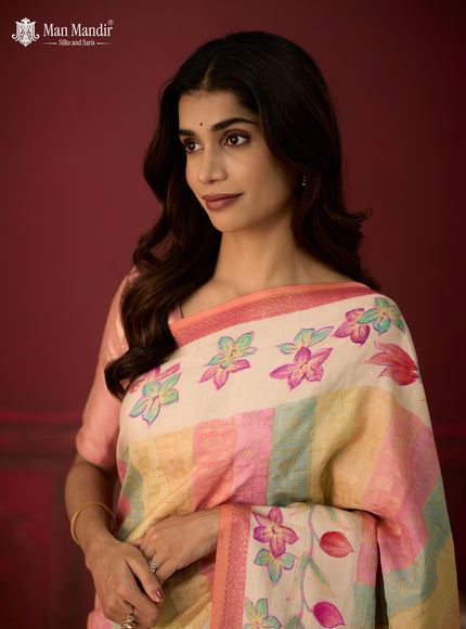 Multi Colour - Cream Banarasi Tussar Hand Painted Silk Saree