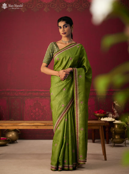 Green Tussar Silk Embroidery Saree With Ikat Blouse