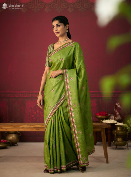 Green Tussar Silk Embroidery Saree With Ikat Blouse