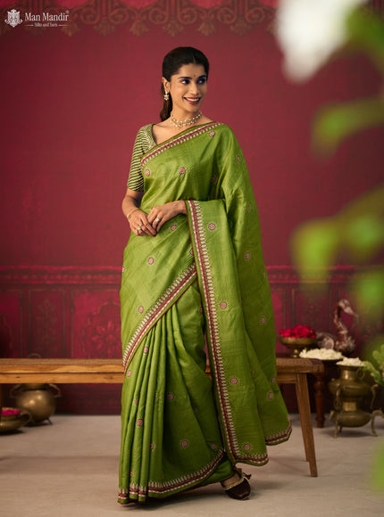 Green Tussar Silk Embroidery Saree With Ikat Blouse