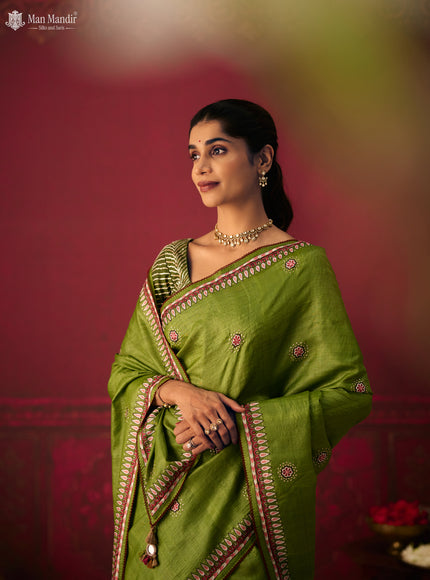 Green Tussar Silk Embroidery Saree With Ikat Blouse