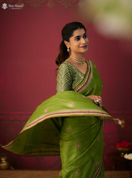 Green Tussar Silk Embroidery Saree With Ikat Blouse
