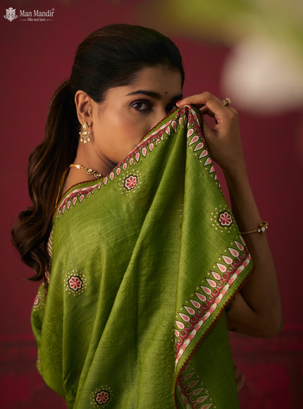 Green Tussar Silk Embroidery Saree With Ikat Blouse