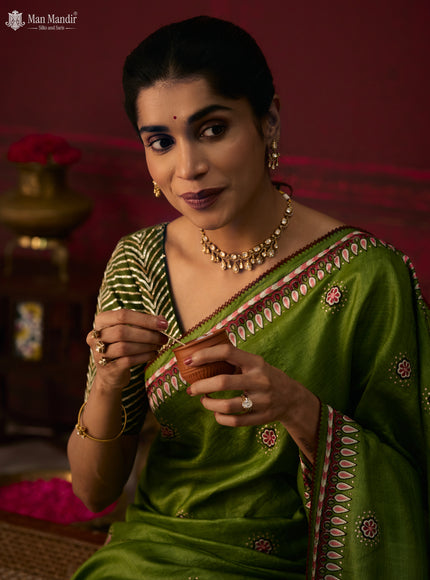 Green Tussar Silk Embroidery Saree With Ikat Blouse