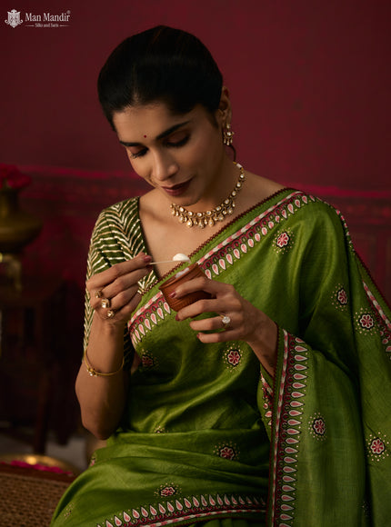 Green Tussar Silk Embroidery Saree With Ikat Blouse