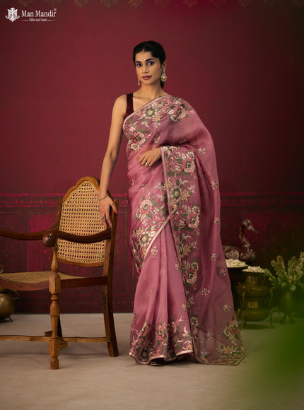 Onion Pink Organza Silk Embroidery Saree