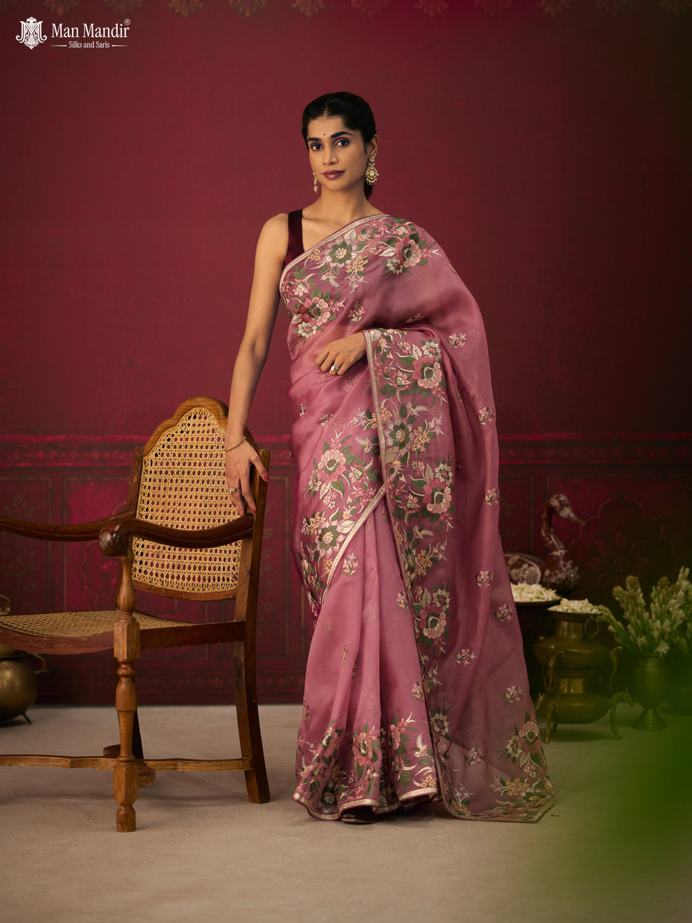 Onion Pink Organza Silk Embroidery Saree