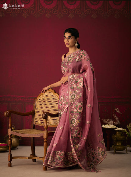 Onion Pink Organza Silk Embroidery Saree
