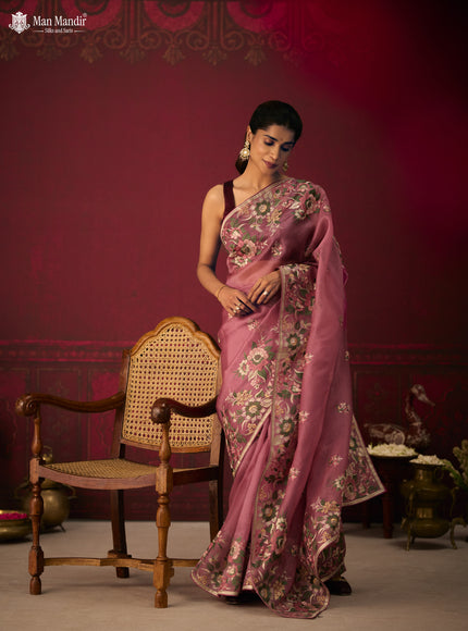 Onion Pink Organza Silk Embroidery Saree