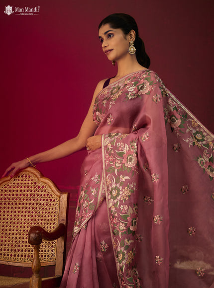 Onion Pink Organza Silk Embroidery Saree