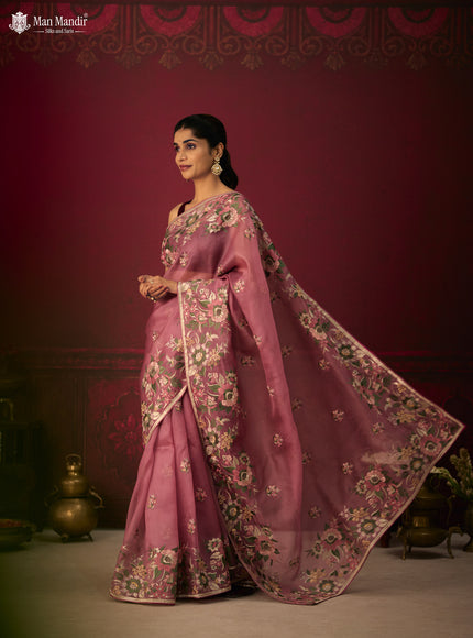 Onion Pink Organza Silk Embroidery Saree