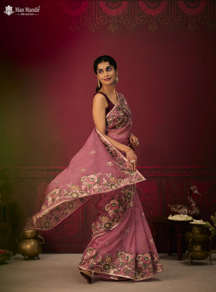 Onion Pink Organza Silk Embroidery Saree