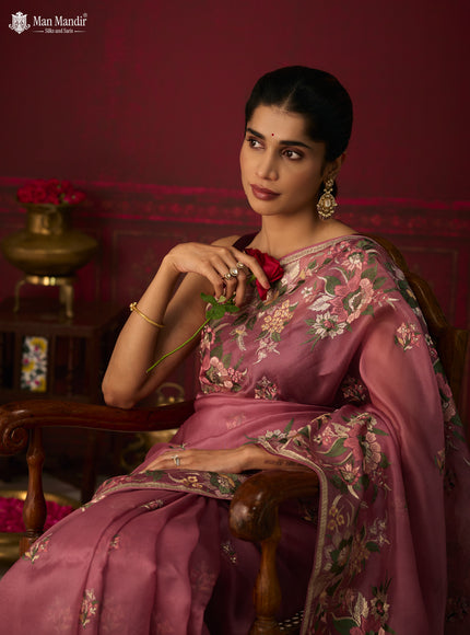 Onion Pink Organza Silk Embroidery Saree