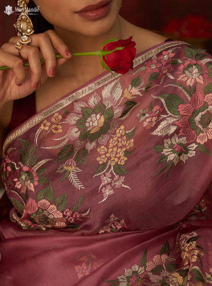 Onion Pink Organza Silk Embroidery Saree