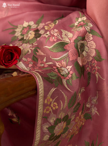 Onion Pink Organza Silk Embroidery Saree