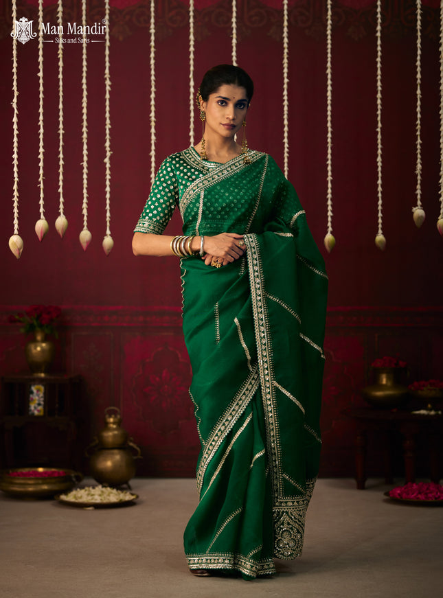 Green Organza Embroidery Silk Saree With Readymade Blouse