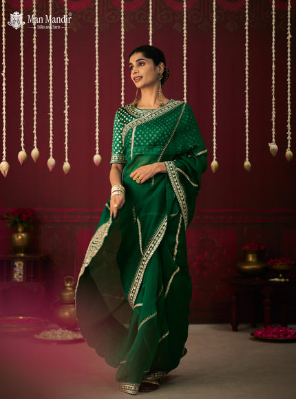Green Organza Embroidery Silk Saree With Readymade Blouse