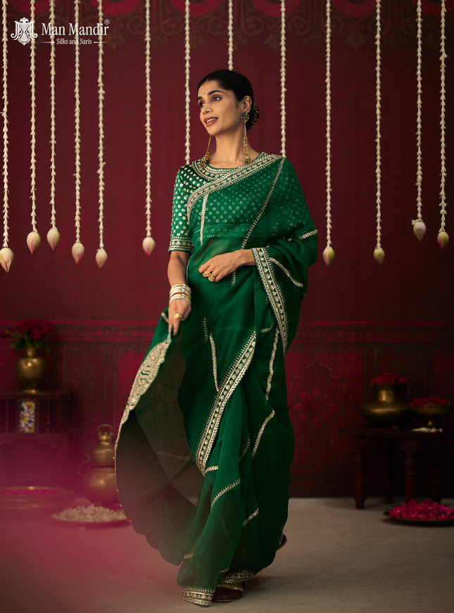 Green Organza Embroidery Silk Saree With Readymade Blouse