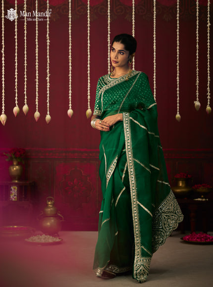 Green Organza Embroidery Silk Saree With Readymade Blouse