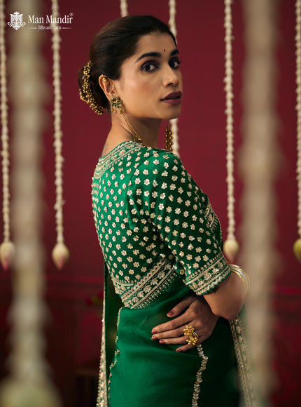 Green Organza Embroidery Silk Saree With Readymade Blouse