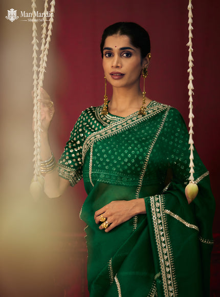 Green Organza Embroidery Silk Saree With Readymade Blouse