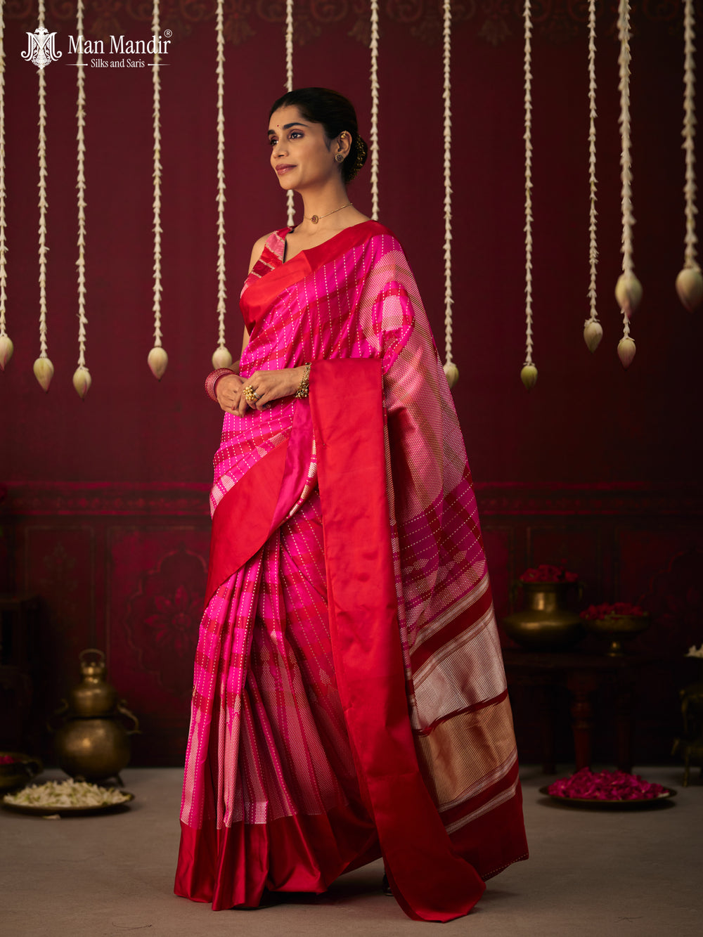Pink - Red Banarasi Silk Saree
