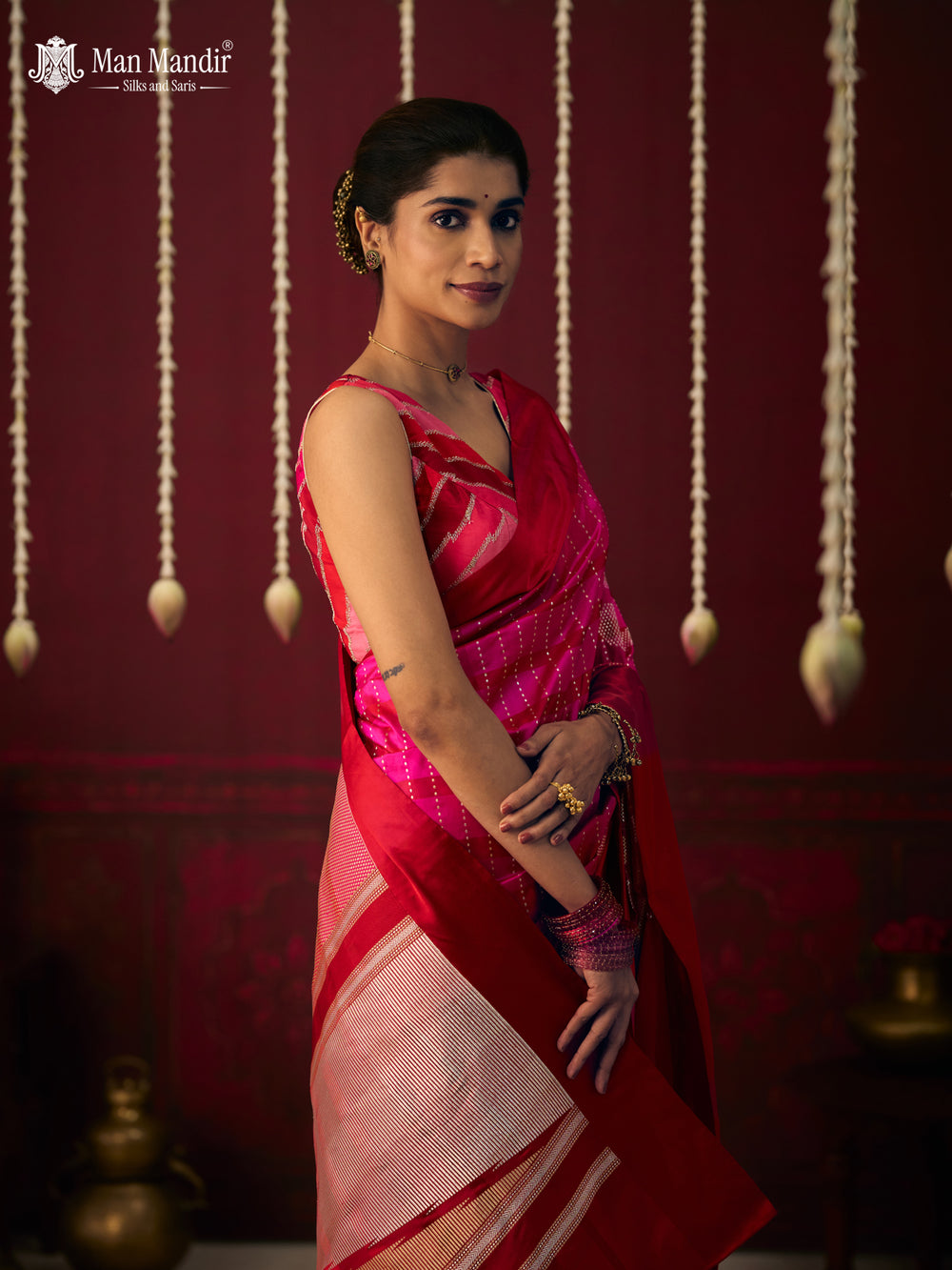 Pink - Red Banarasi Silk Saree