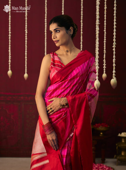 Pink - Red Banarasi Silk Saree