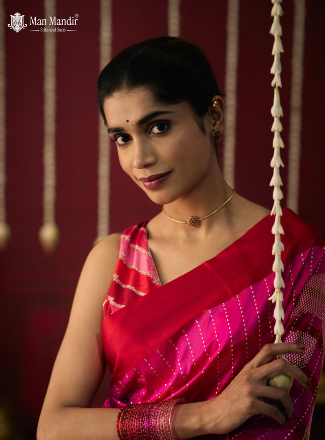 Pink - Red Banarasi Silk Saree