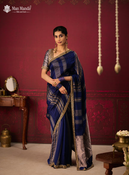 Blue Banarasi Embroidery Silk With Readymade Blouse