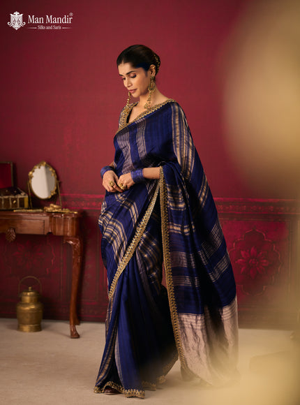 Blue Banarasi Embroidery Silk With Readymade Blouse