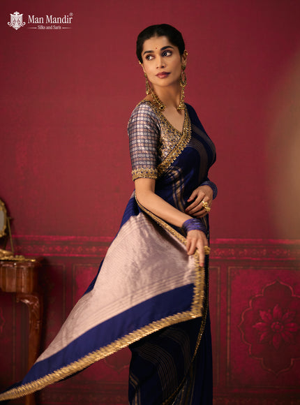 Blue Banarasi Embroidery Silk With Readymade Blouse