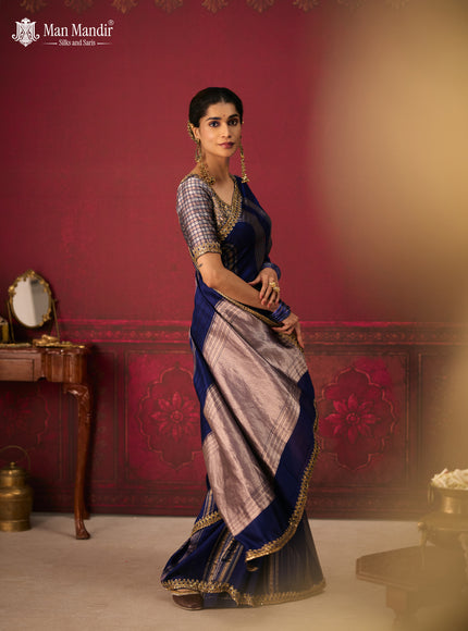 Blue Banarasi Embroidery Silk With Readymade Blouse