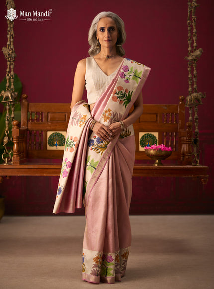 Lotus Pink - Off White Pure Kanchipuram Tissue Silk Saree With Printed Border
