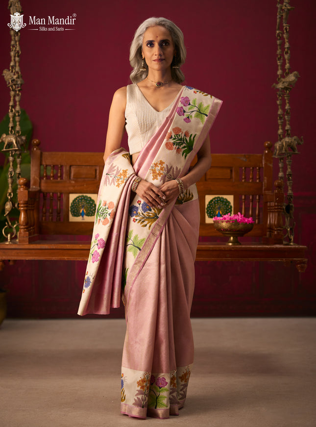 Lotus Pink - Off White Pure Kanchipuram Tissue Silk Saree With Printed Border