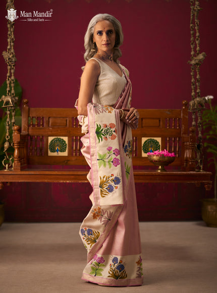 Lotus Pink - Off White Pure Kanchipuram Tissue Silk Saree With Printed Border