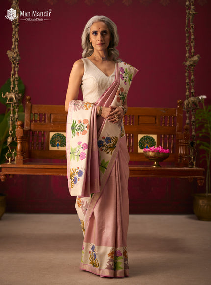 Lotus Pink - Off White Pure Kanchipuram Tissue Silk Saree With Printed Border