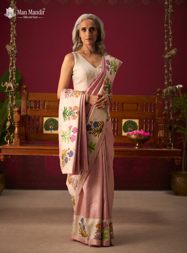 Lotus Pink - Off White Pure Kanchipuram Tissue Silk Saree With Printed Border