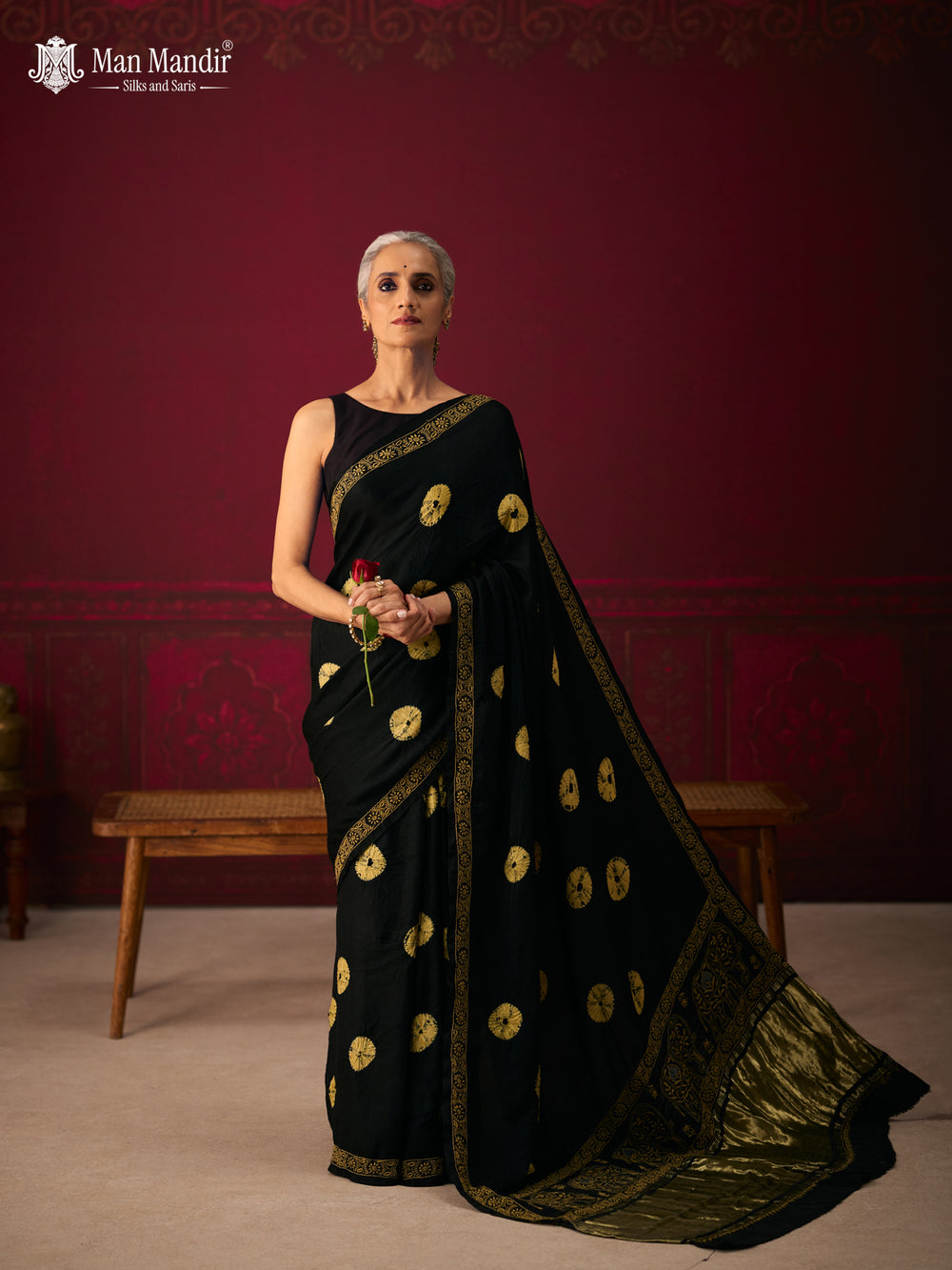 Black Gajji Bandhani Silk Embroidery Saree