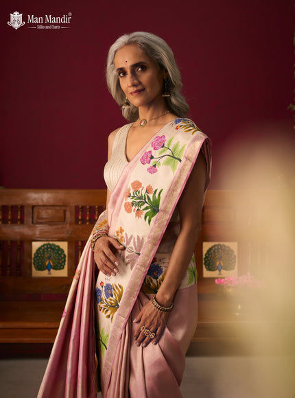 Lotus Pink - Off White Pure Kanchipuram Tissue Silk Saree With Printed Border