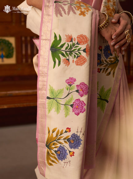 Lotus Pink - Off White Pure Kanchipuram Tissue Silk Saree With Printed Border