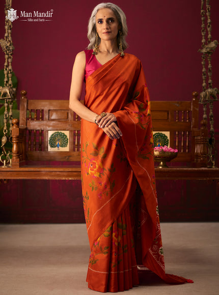 Rust Orange Ikat Silk Saree